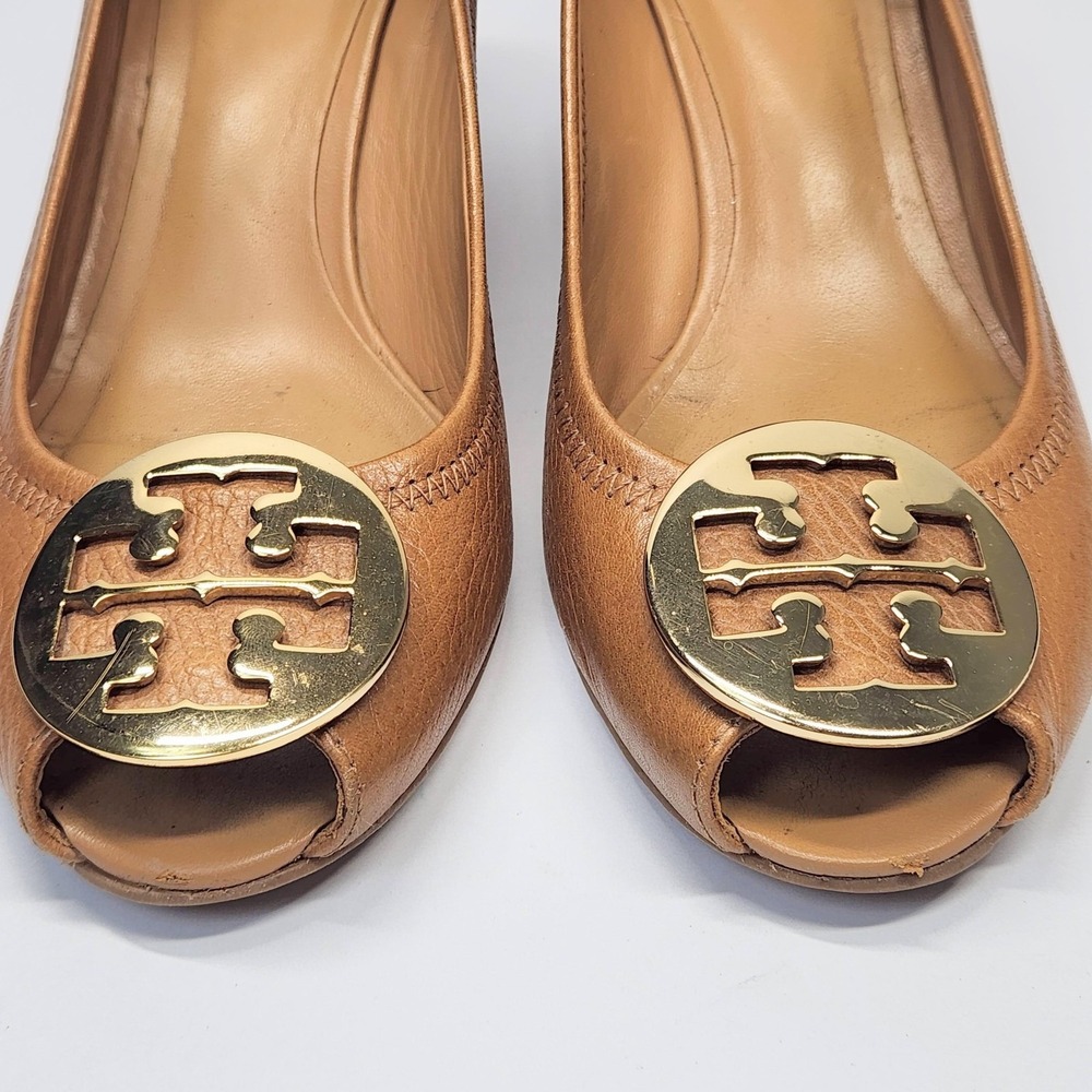 Tory Burch Shoes Womens Size 9** Brown Leather Peep Toe Wedge Logo Pumps - Picture 8 of 15